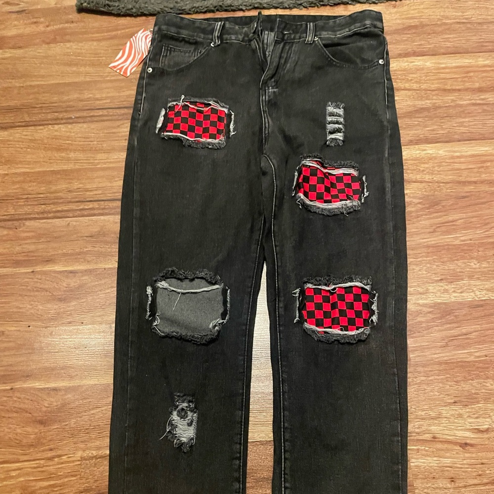 Men's Ripped Jeans Slim Fit Checkered Pattern Distressed